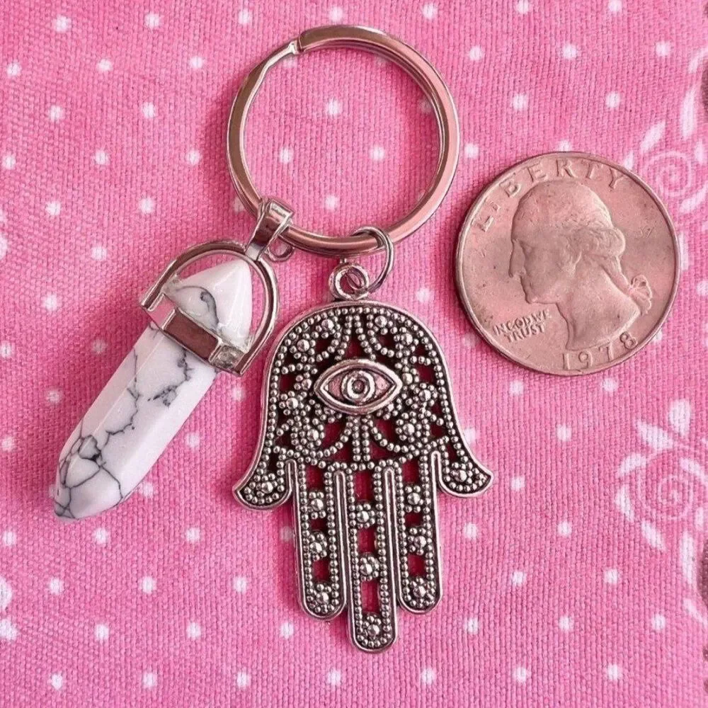 Evil Eye Hamsa Howlite Crystal Gemstone Keychain
